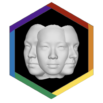 Three 3D faces in a hexagon with rainbow borders